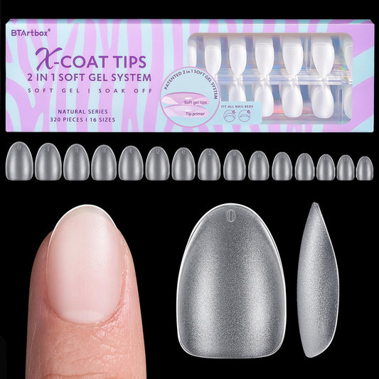 BTArtbox XCOATTIPS almond nail tips pack front, ready for natural enhancements