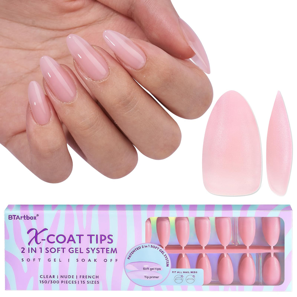 BTArtbox XCOATTIPS matte medium almond nails offer a natural look and easy application.