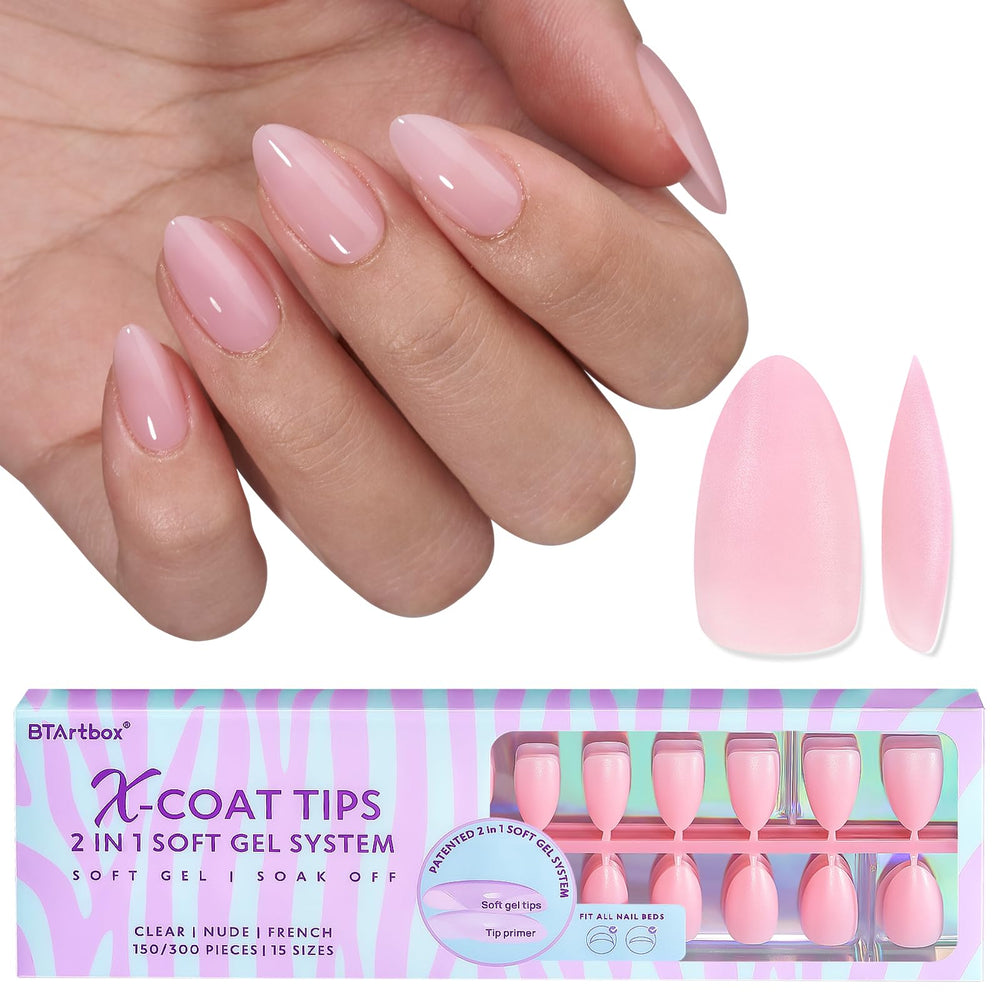BTArtbox XCOATTIPS matte short almond pink nails with natural fit and smooth finish.