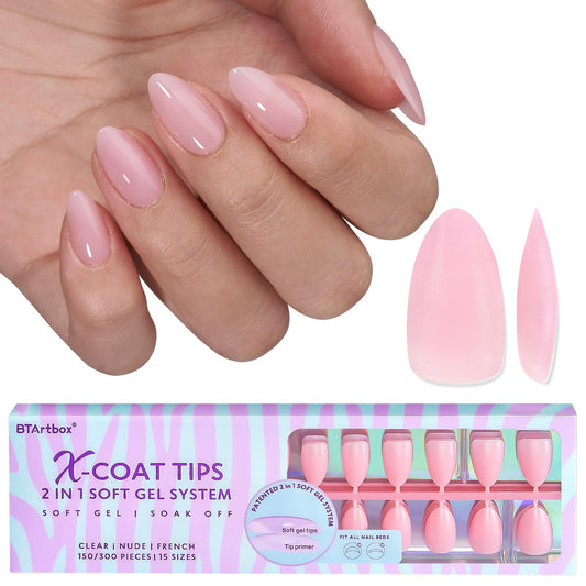 BTArtbox XCOATTIPS matte short almond pink nails with natural fit and smooth finish.