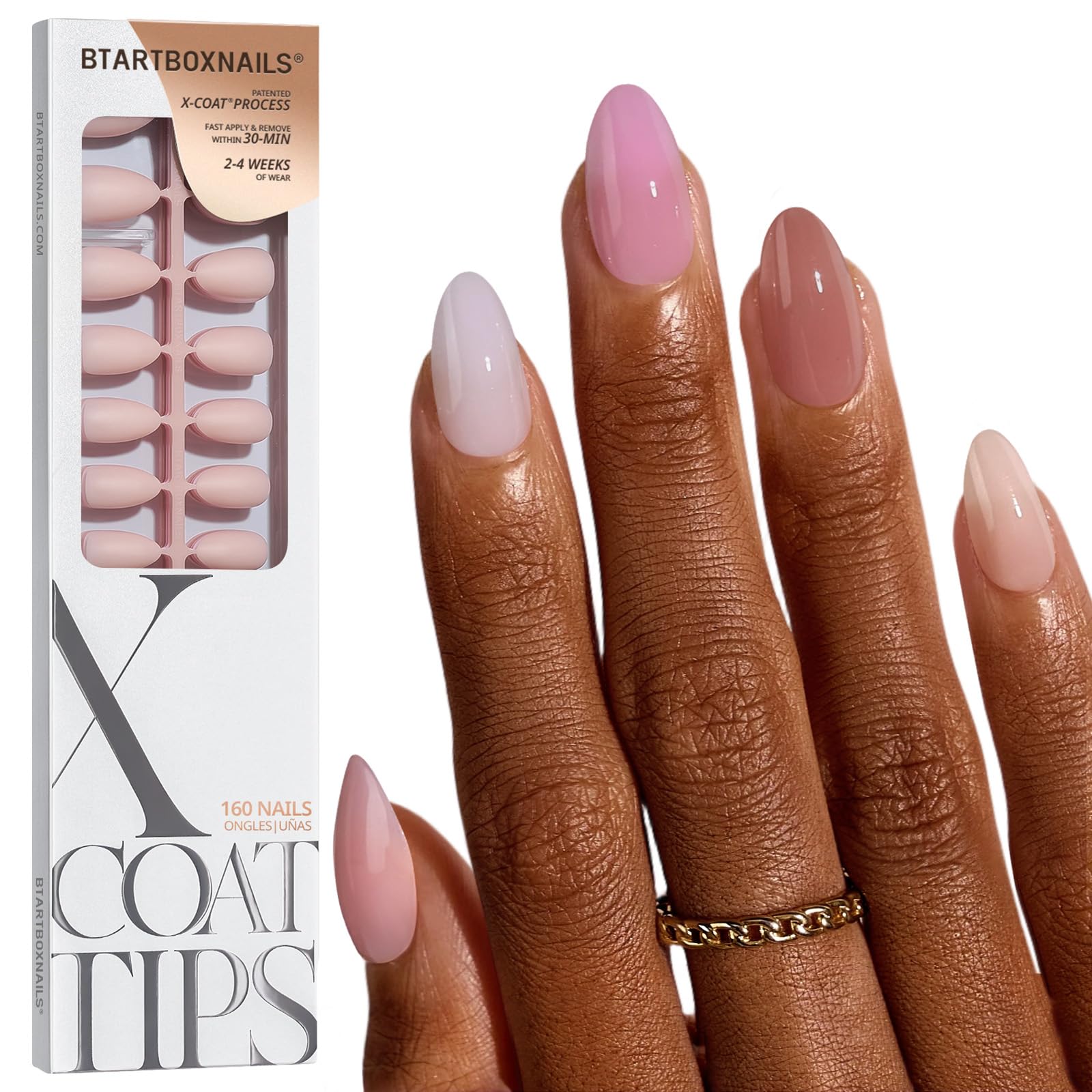 BTArtboxNails XCOATTIPS Bare 5-Shades nude pack on nails for versatile everyday looks.