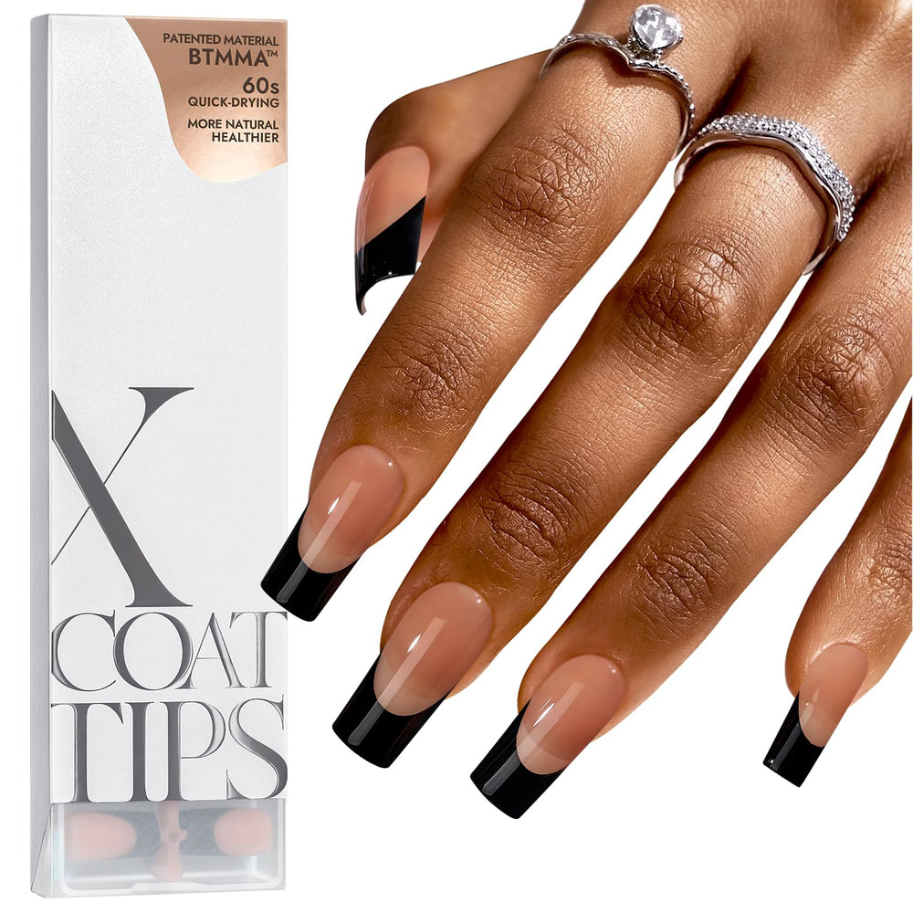 BTArtboxnails XCOATTIPS black French tip nails for quick at-home manicure.