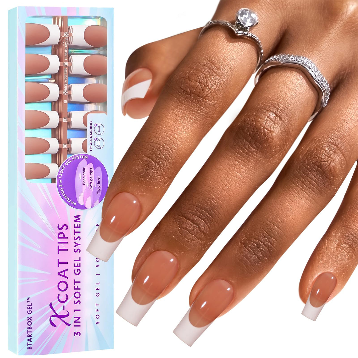 BTArtboxnails XCOATTIPS brown French tip nails with 150-piece packaging shot for DIY manicure.