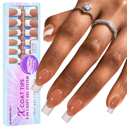 BTArtboxnails XCOATTIPS brown French tip nails with 150-piece packaging shot for DIY manicure.