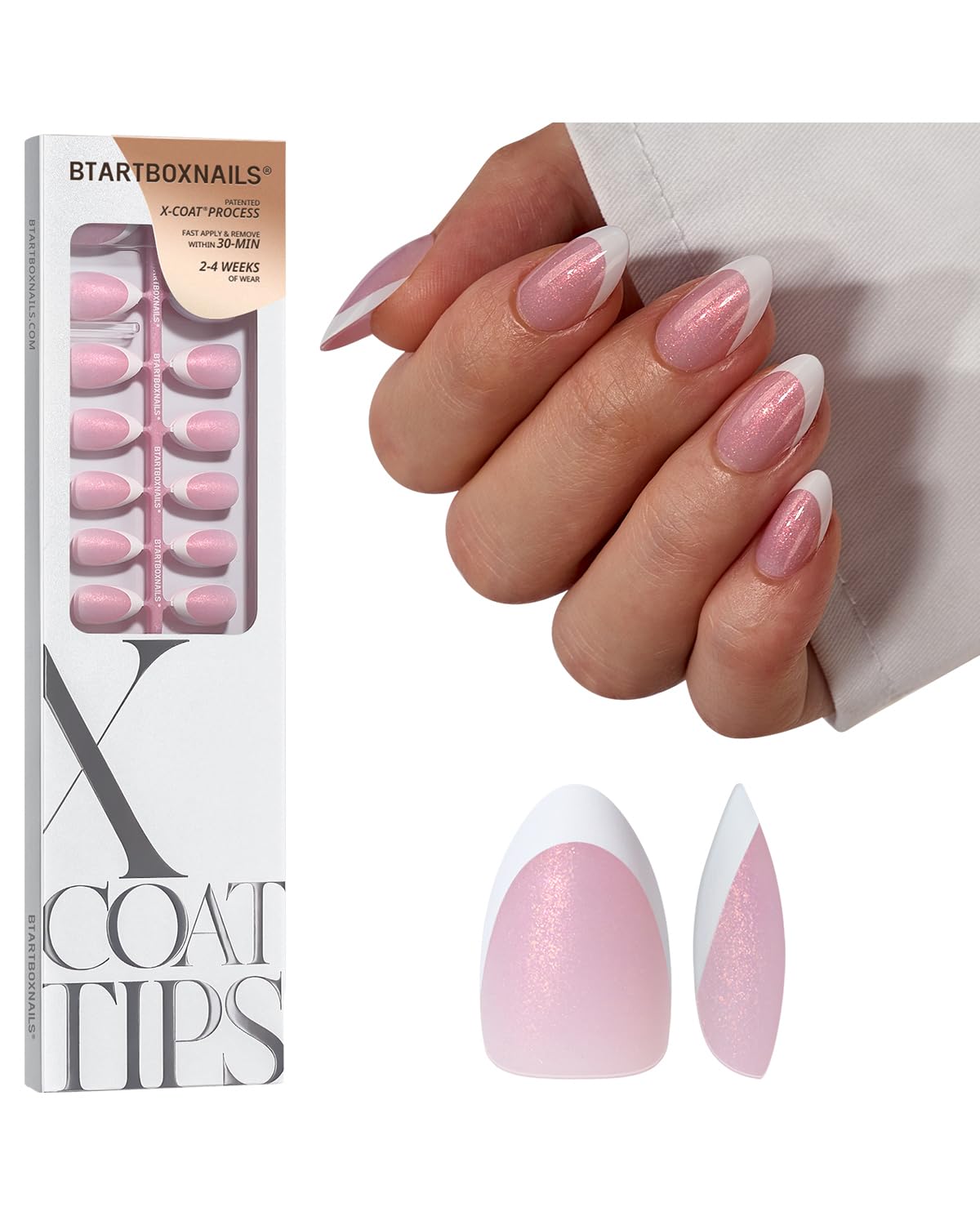 BTArtboxNails XCOATTIPS pink glitter French tip on a short almond nail for at-home manicure