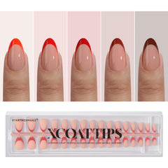 BTArtboxnails XCOATTIPS red French tip nails in almond shape for a bold Valentine manicure.
