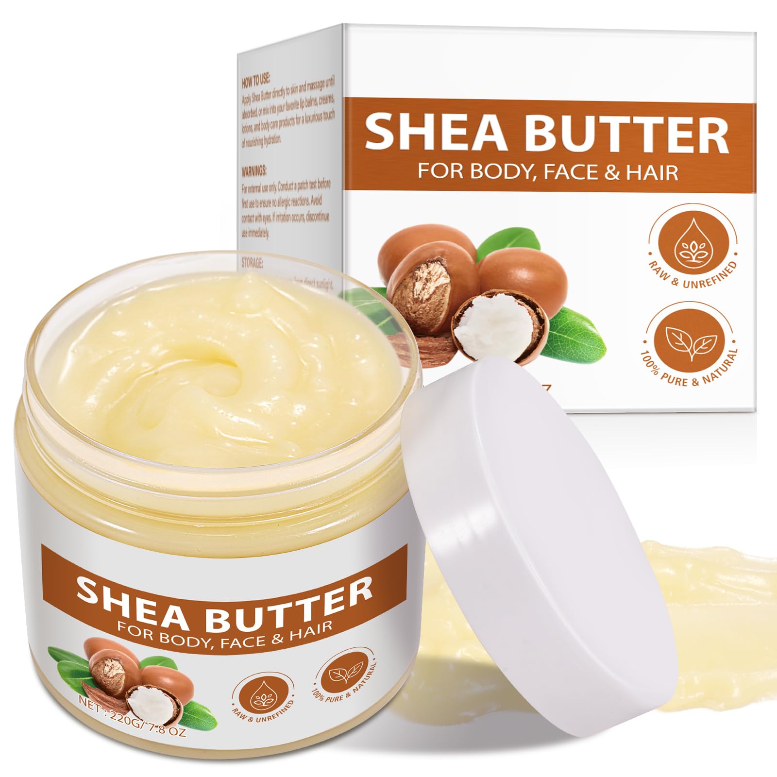 Btefls Pure Organic Shea Butter jar showcases rich texture for deep skin hydration.