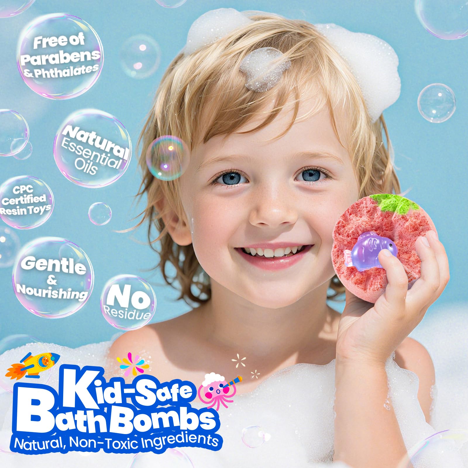 BubbleTail 32-pack bath bombs deliver long-lasting fizz and color.