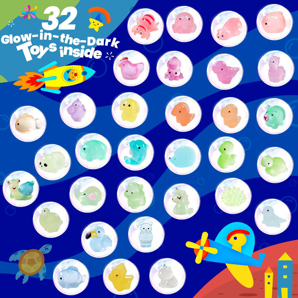 Glow-in-the-dark animal toys appear as the bombs fizz.