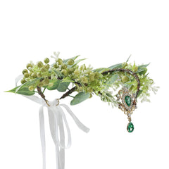 Bubbmi green flower wreath headband with pendant for a delicate bridal-inspired look.