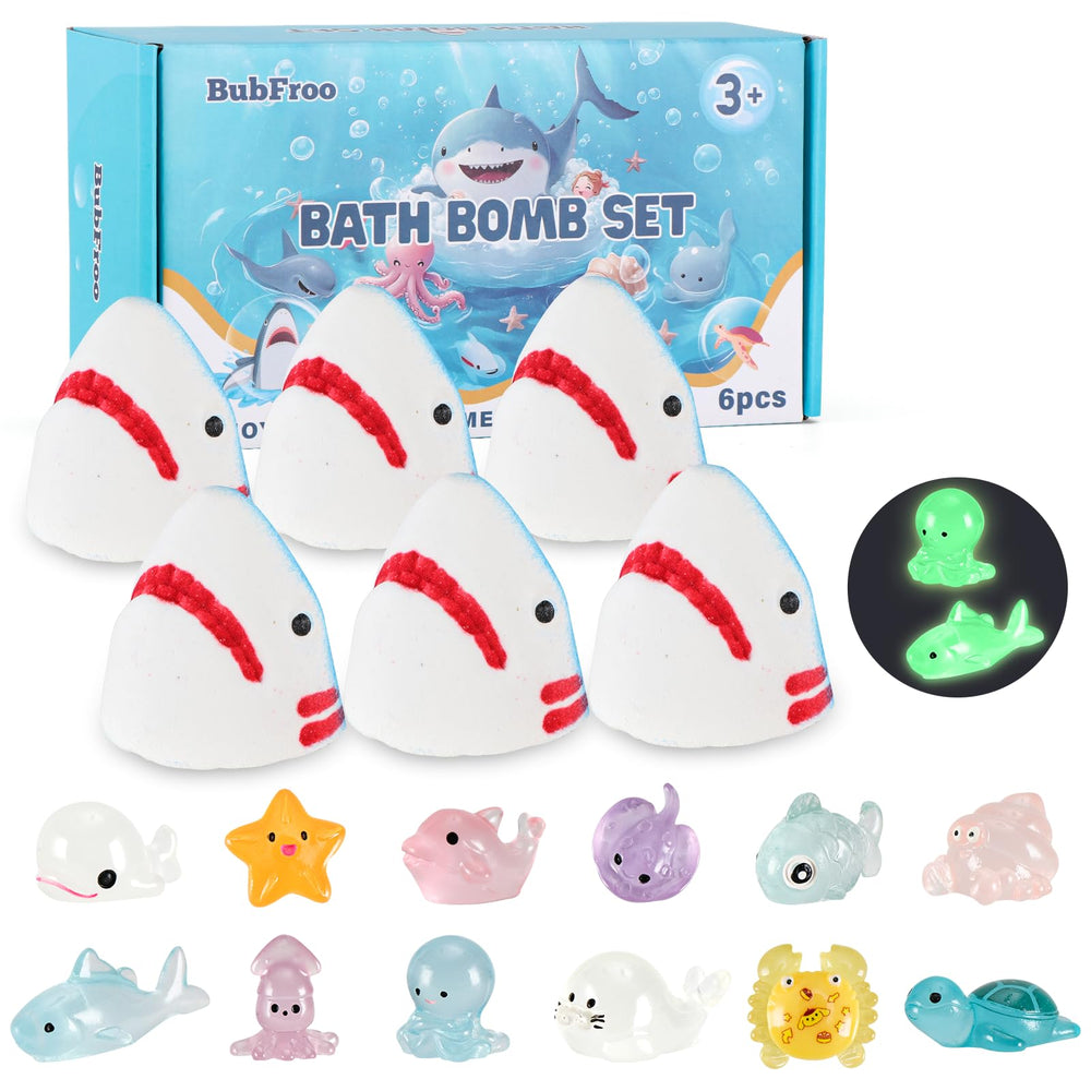 BubFroo shark bath bombs pack on display promotes colorful, fun bath time.