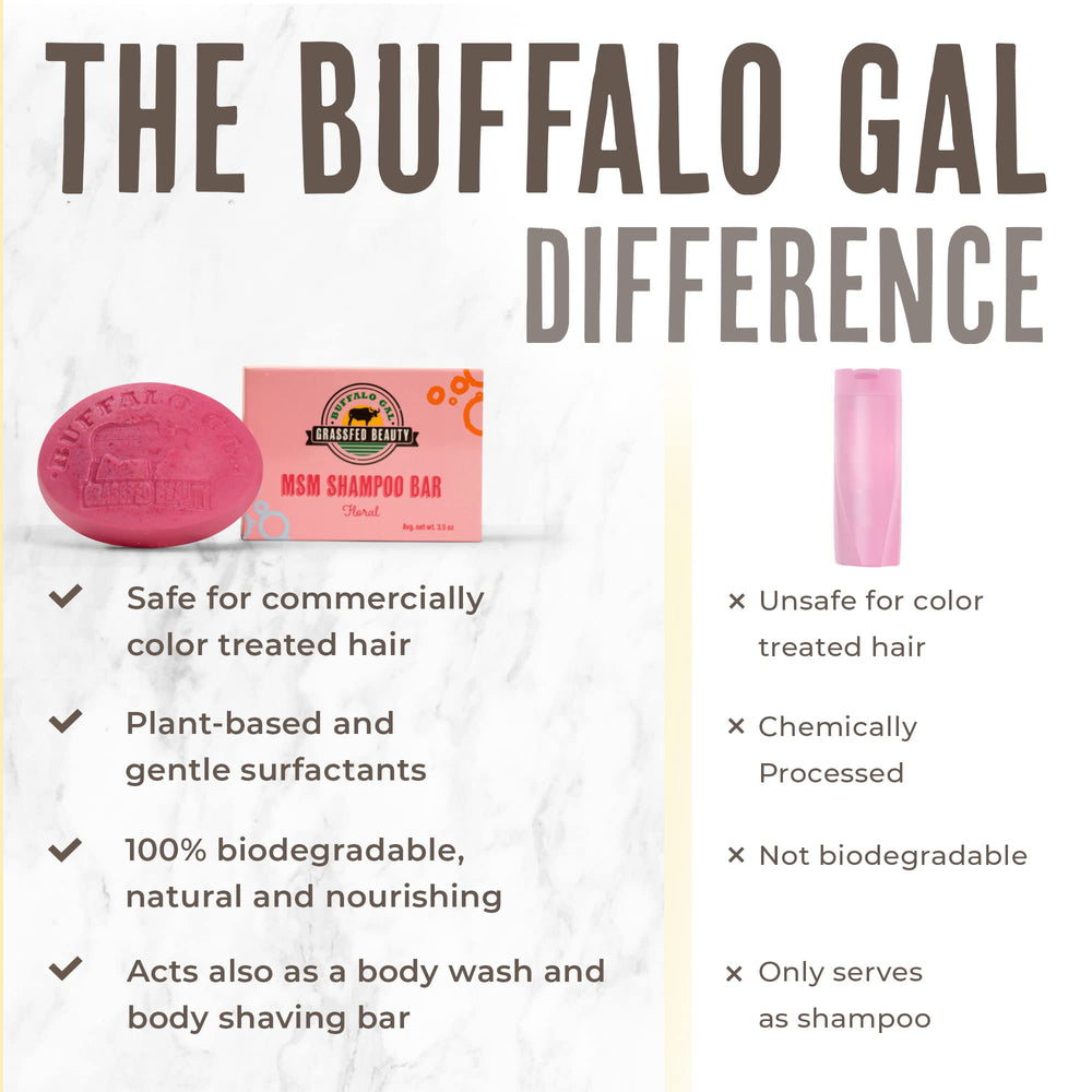 BUFFALO GAL MSM Shampoo Bar floral scent enhances daily showers.