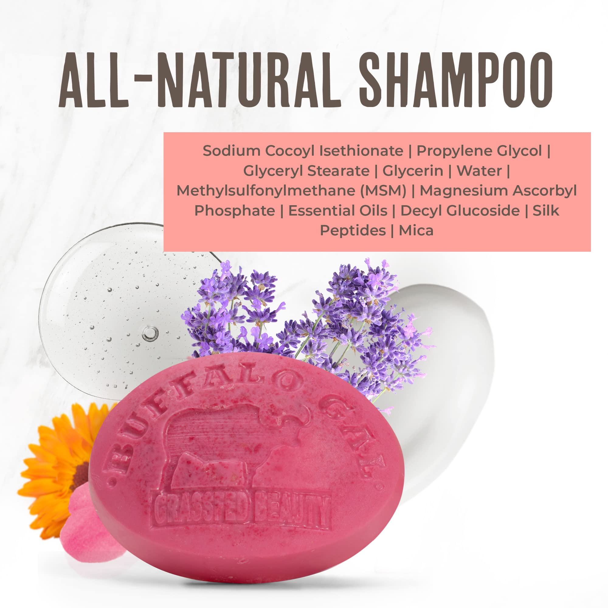 BUFFALO GAL MSM Shampoo Bar creates creamy lather for gentle cleansing.