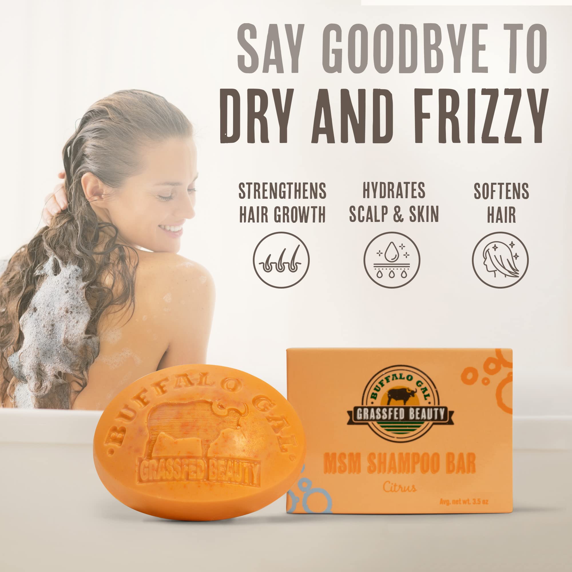 BUFFALO GAL MSM + Tallow Shampoo Bar highlights MSM from rainwater.