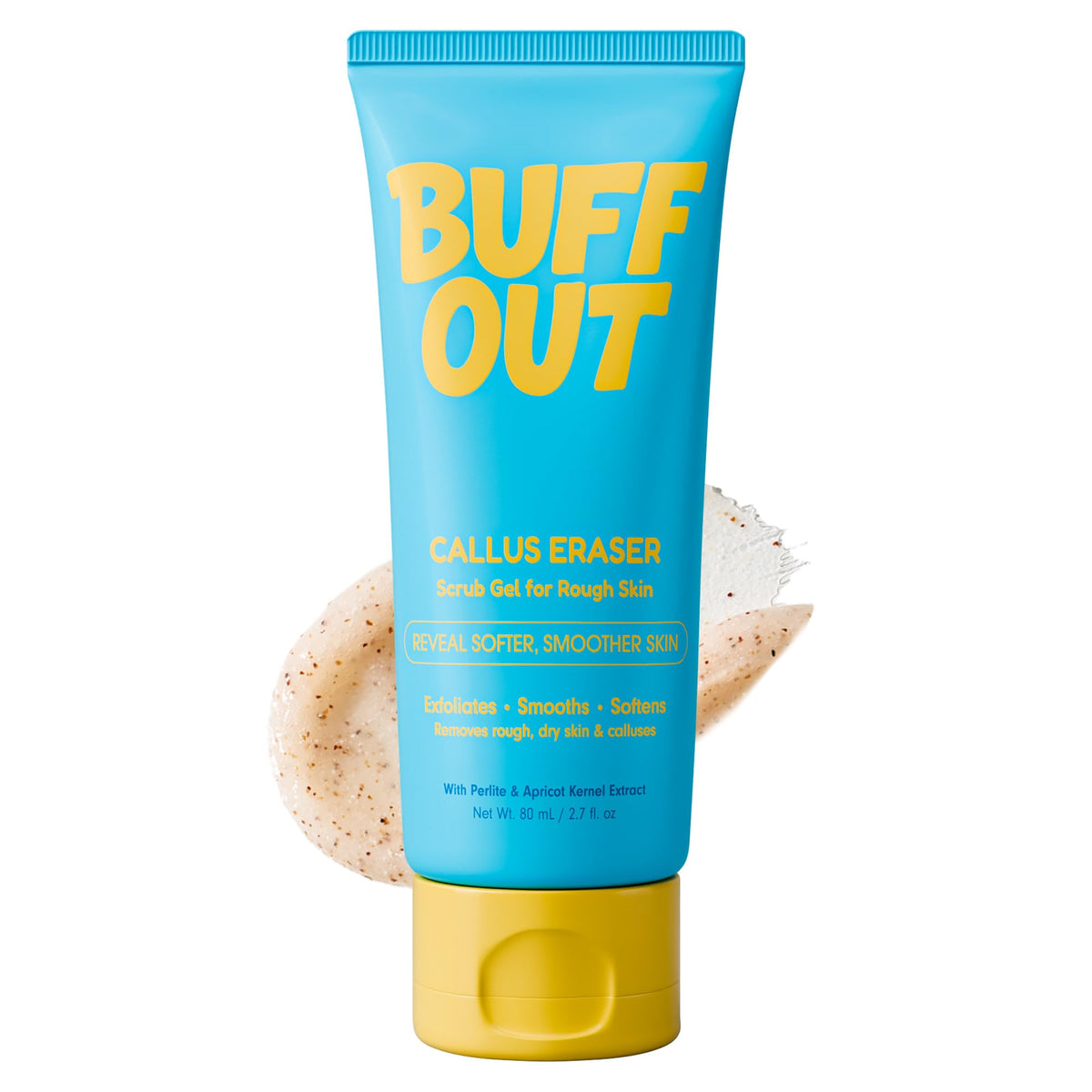 BuffOut Callus Eraser gel bottle close-up highlighting exfoliating formula for rough skin.