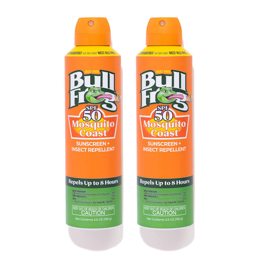 Bullfrog Mosquito Coast sunscreen spray bottle provides sun and bug protection