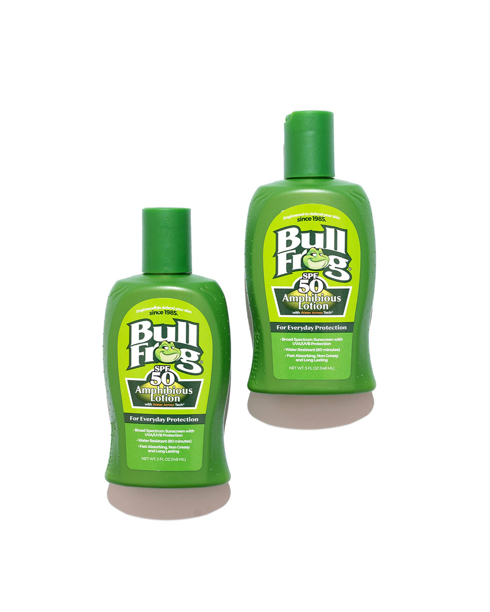 Close-up of Bullfrog SPF 50 label highlights reef-friendly sunscreen benefits.