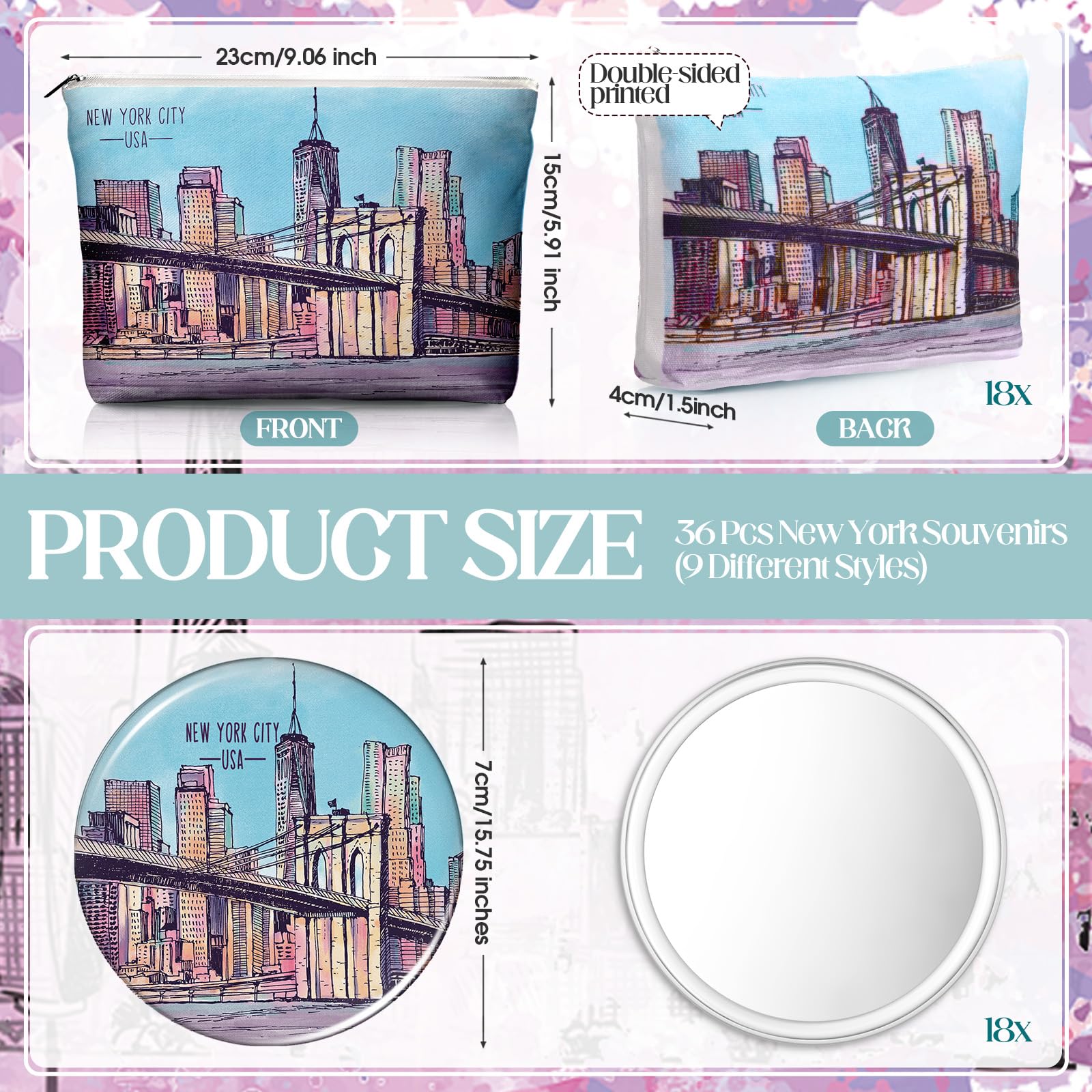 Bulyoou New York cosmetic bag skyline pattern for daily use