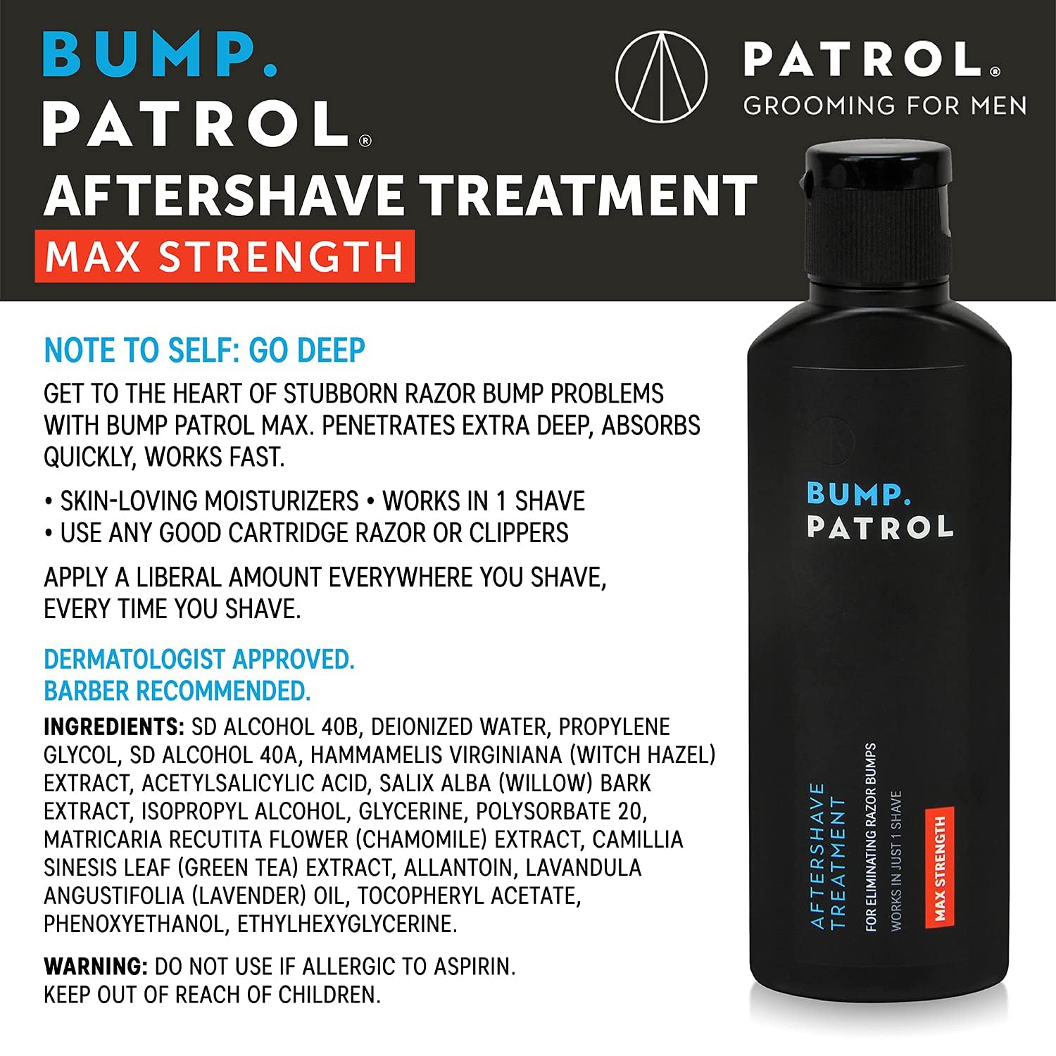 Bump Patrol aftershave pour demonstrates fast-penetration action after shaving.