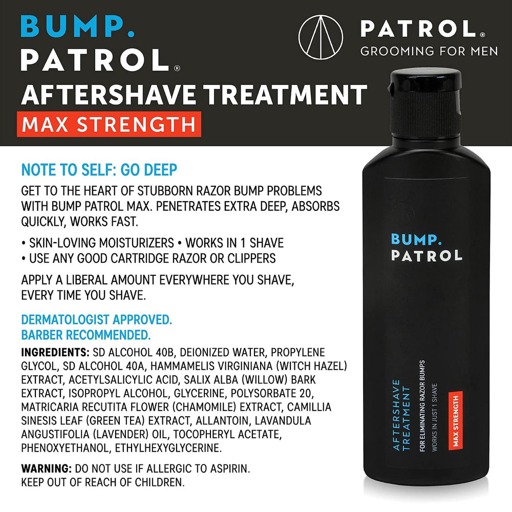 Bump Patrol aftershave pour demonstrates fast-penetration action after shaving.