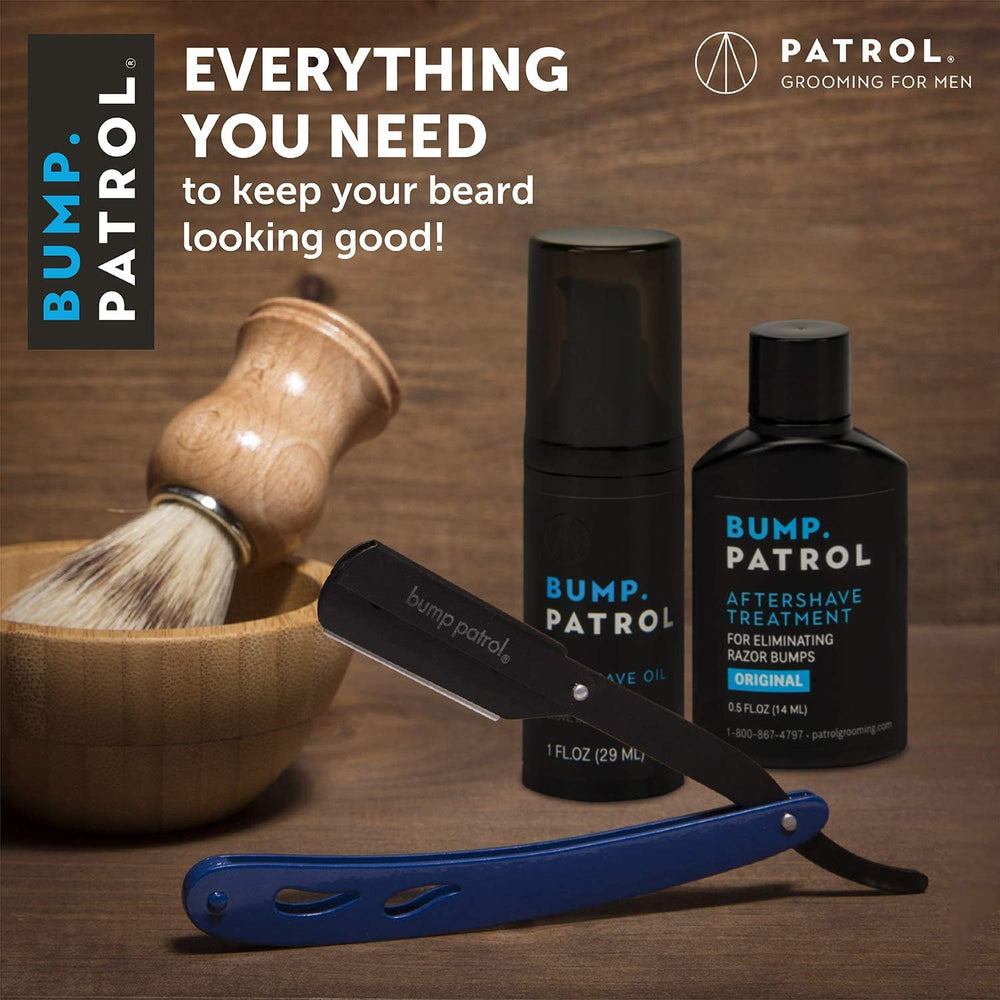 Neckline shave scene with Bump Patrol for post-shave care.