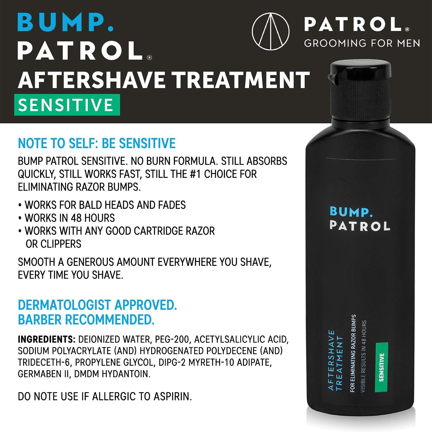 Bump Patrol Sensitive Strength bottle back highlights dermatologist-recommended gentle care for sensitive skin.