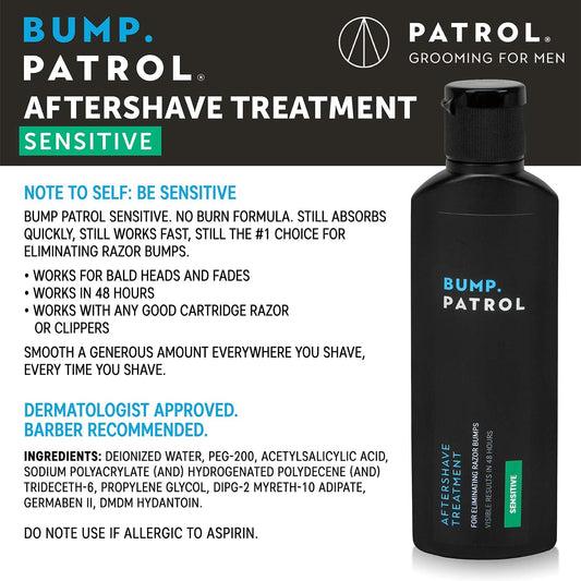 Bump Patrol Sensitive Strength bottle back highlights dermatologist-recommended gentle care for sensitive skin.