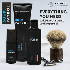 Close-up of Bump Patrol Sensitive Strength bottle focusing on a non-greasy, quick-absorb finish.