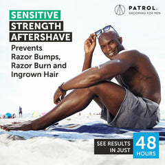 Close-up of ingredients on Bump Patrol Sensitive Strength highlighting non-alcohol moisturizing formula.