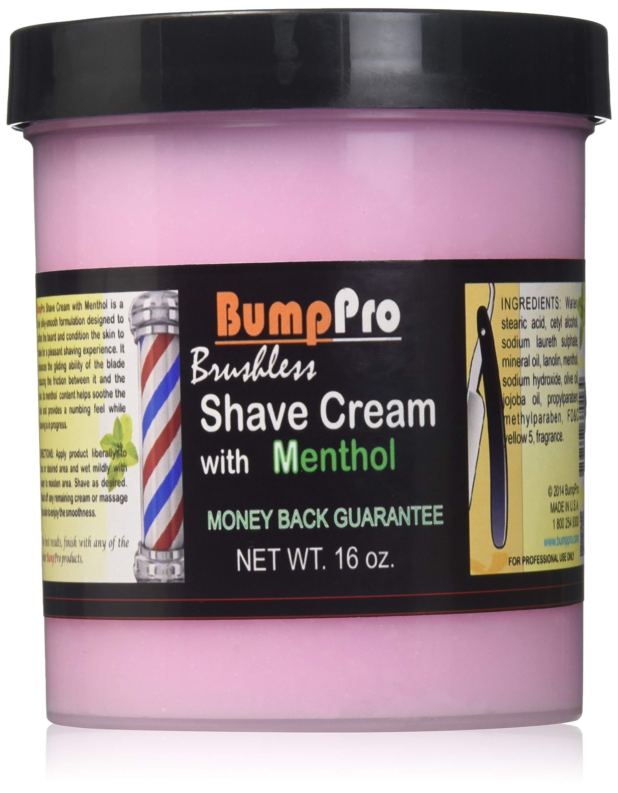Bump Pro Brushless Shave Cream menthol bottle offers cooling, smooth shave.