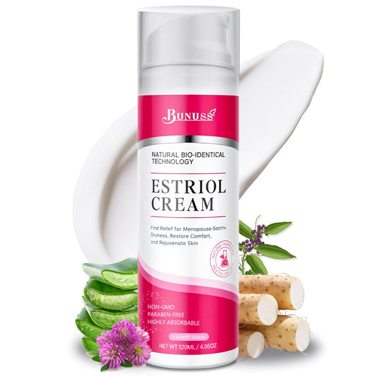 BUNUSS Estriol face cream bottle close-up showing hydration potential