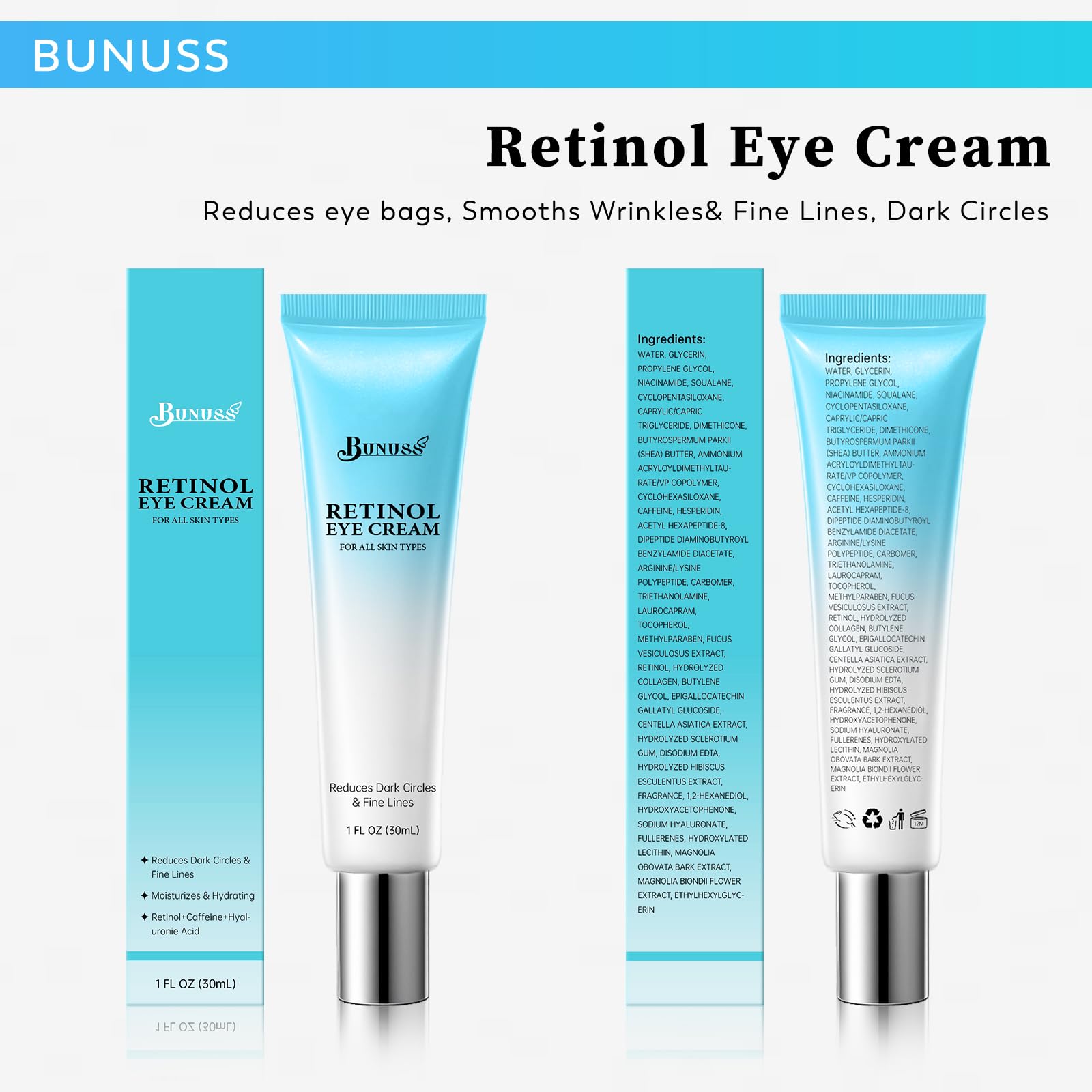 BUNUSS Retinol Eye Cream ingredients caffeine energizing the eye area