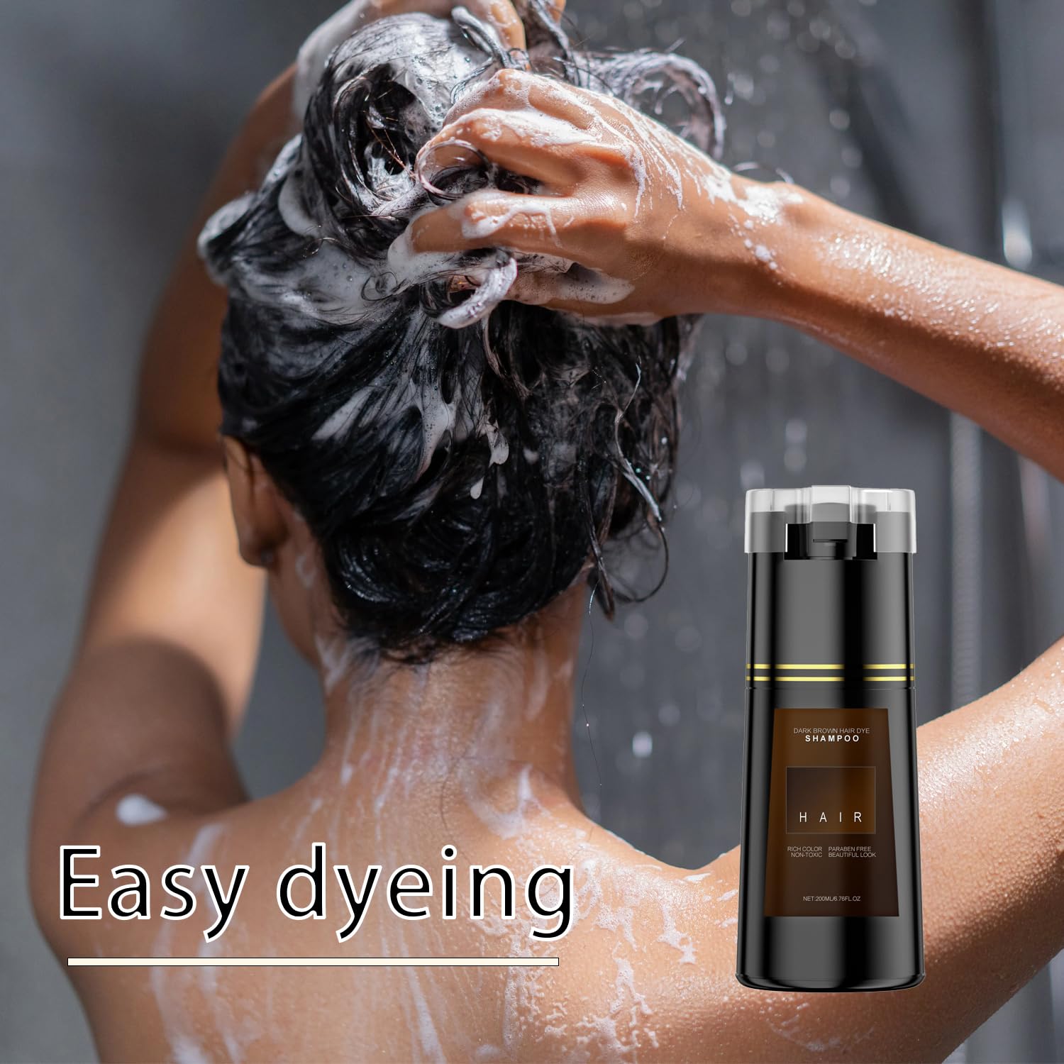 Bupposes Natural Brown Hair Color Shampoo application demonstrates simple at-home use.