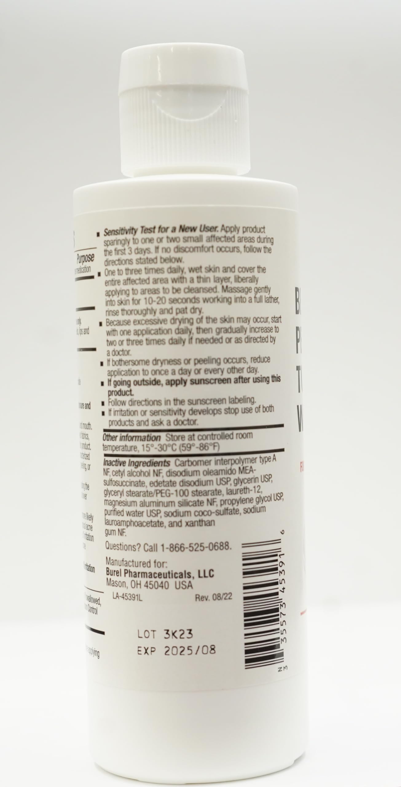 BurelPharma benzoyl peroxide face wash application routine for daily acne care.