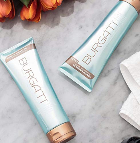 Close-up of Burgati shampoo label highlighting sulfate-free keratin-friendly formula.
