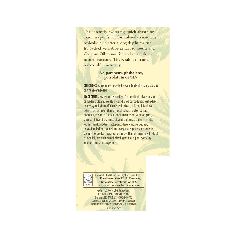 Burt's Bees Aloe After Sun Soother ingredients featuring aloe and coconut oil for nourishment