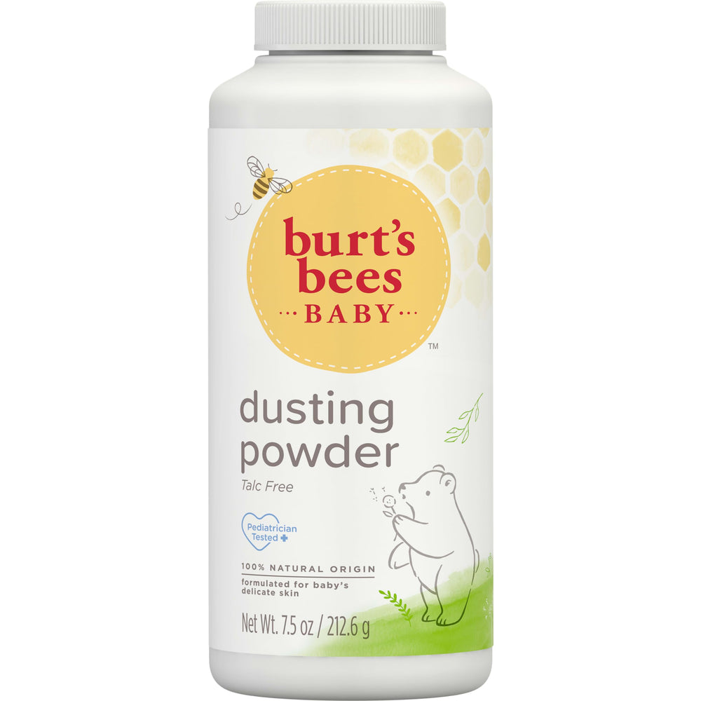 Burt's Bees Baby Dusting Powder bottle shows talc-free formula for soft skin