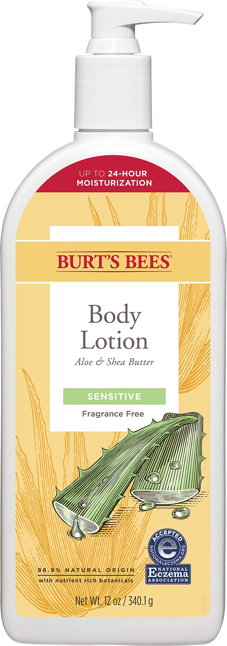 Burt's Bees body lotion bottle for sensitive skin delivering up to 24-hour hydration
