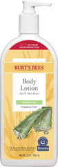 Burt's Bees body lotion bottle for sensitive skin delivering up to 24-hour hydration