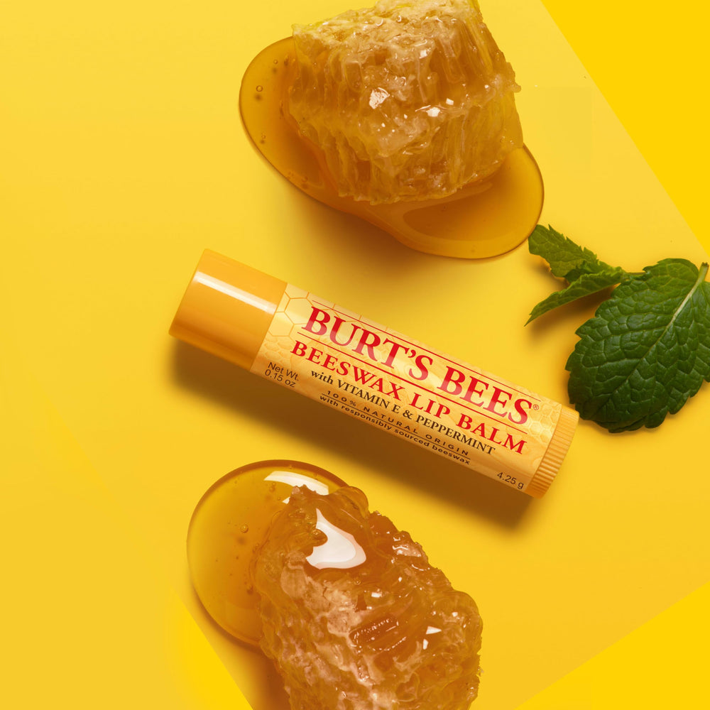 Clean ingredients highlight Burt's Bees Original Beeswax lip care.