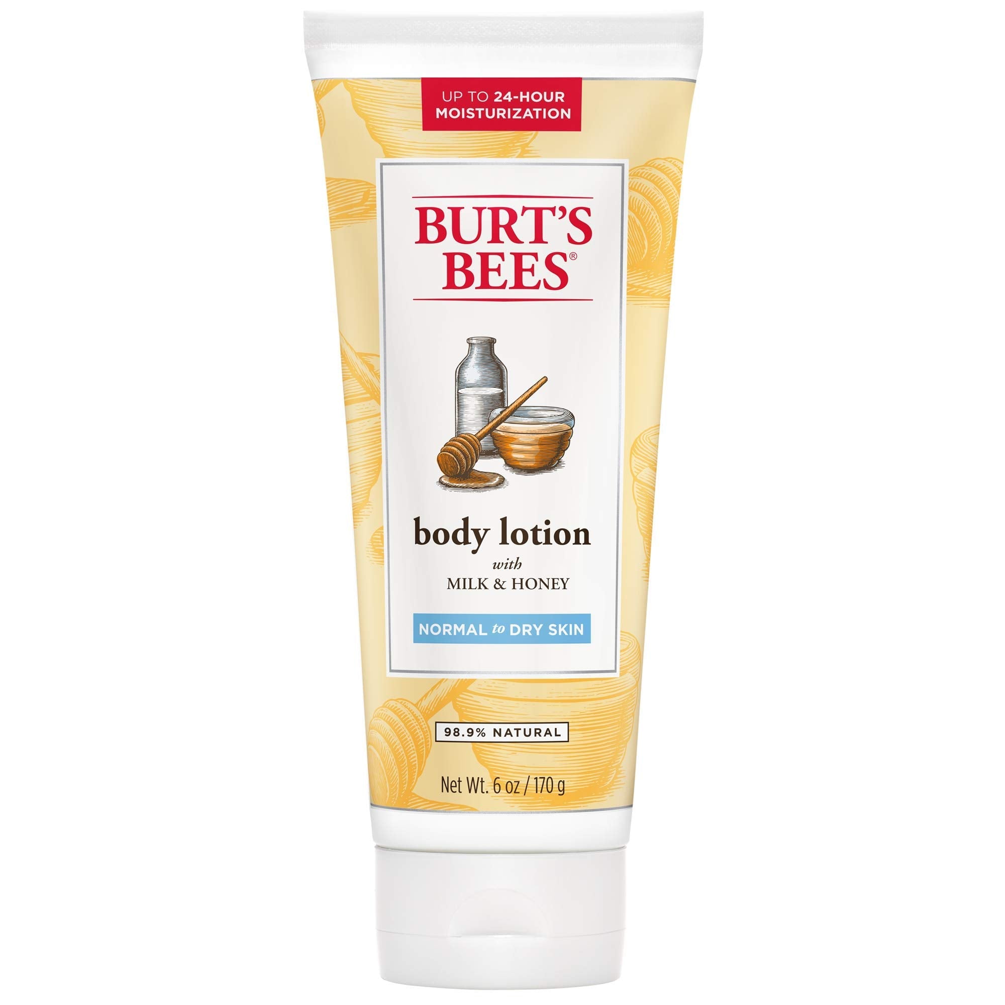 Burt's Bees Milk and Honey Body Lotion bottle for quick-absorbing hydration and soft, nourished skin.