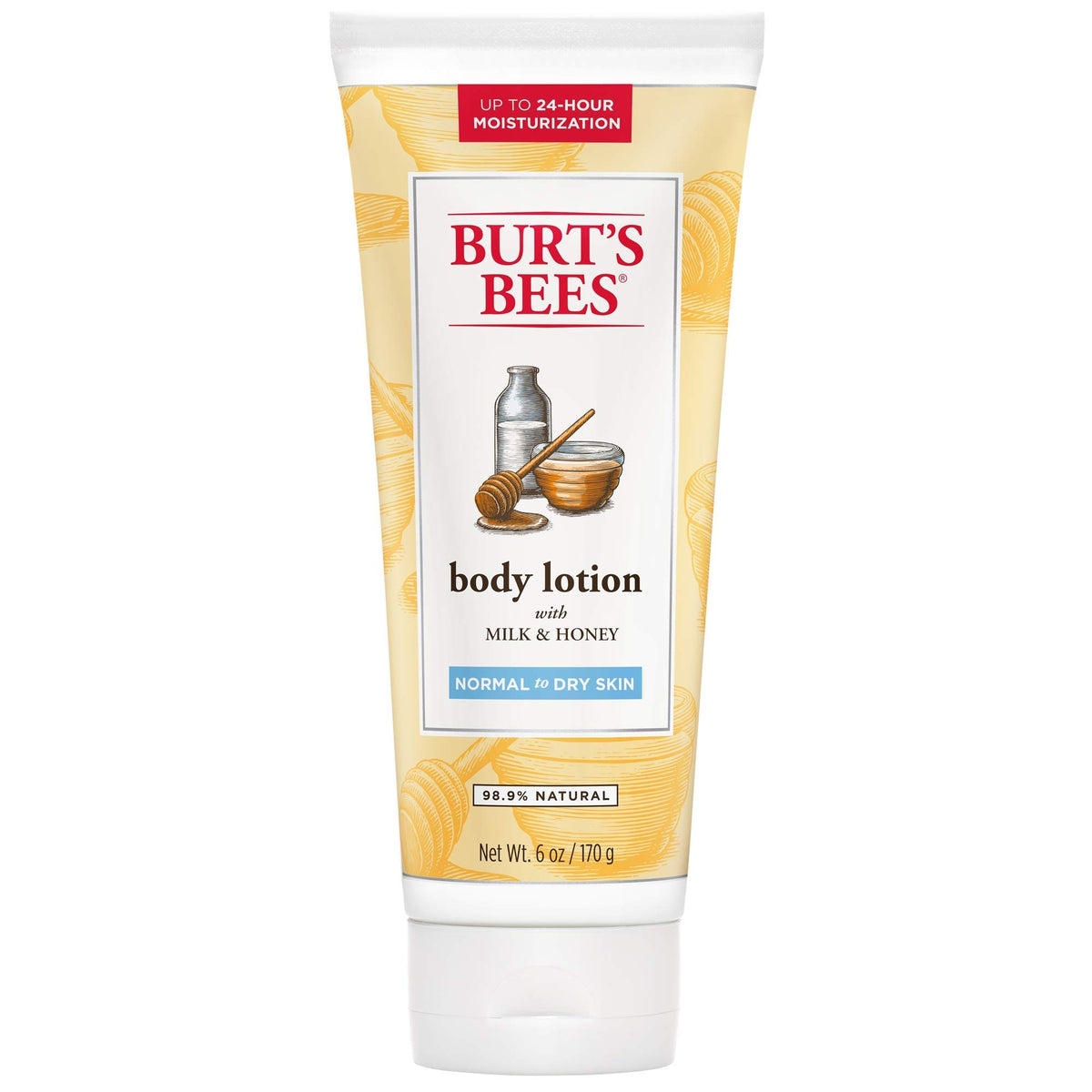 Burt's Bees Milk and Honey Body Lotion bottle for quick-absorbing hydration and soft, nourished skin.