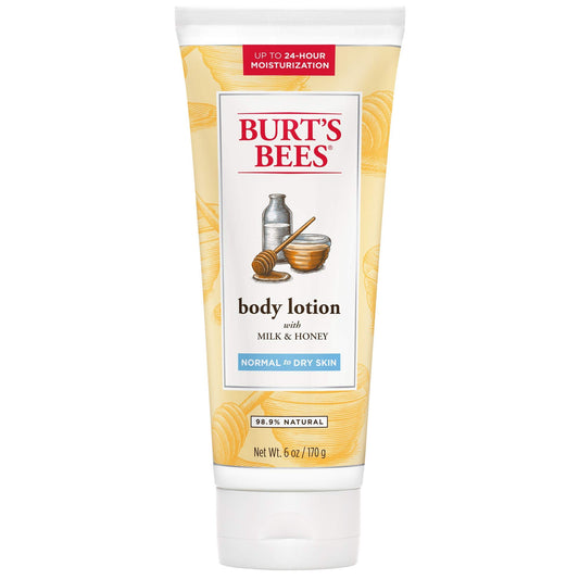 Burt's Bees Milk and Honey Body Lotion bottle for quick-absorbing hydration and soft, nourished skin.