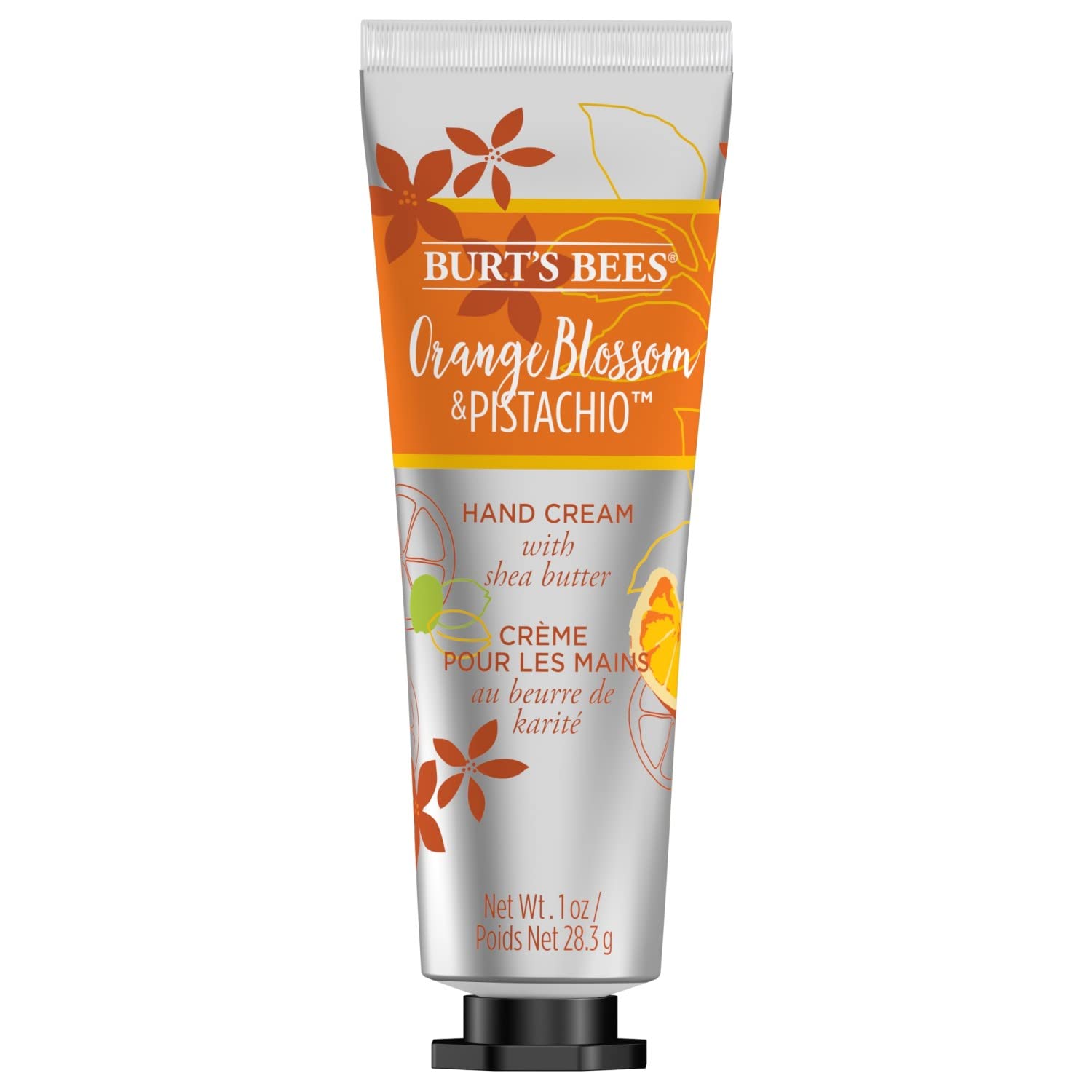 Burt's Bees orange blossom and pistachio hand cream tube for all-day moisture.