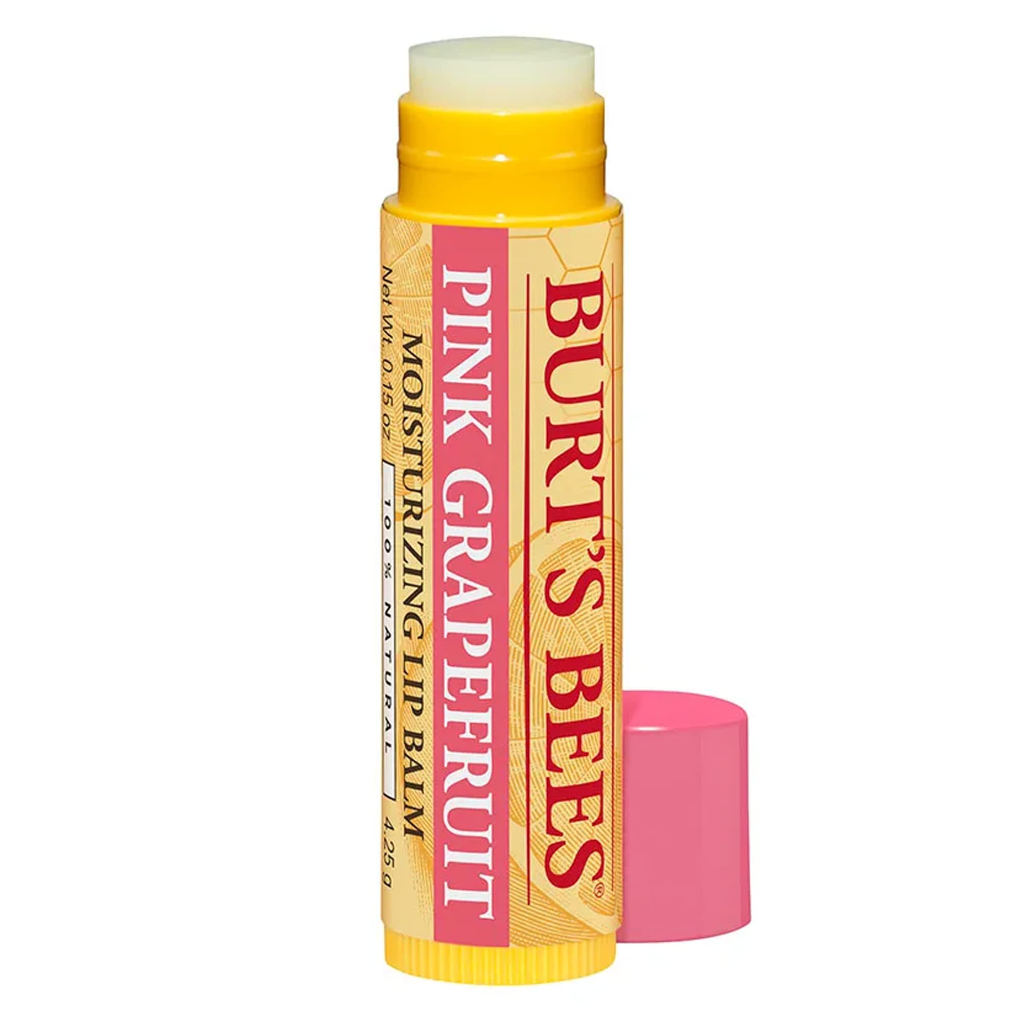 Burt's Bees Pink Grapefruit lip balm bright packaging close-up for product appeal.