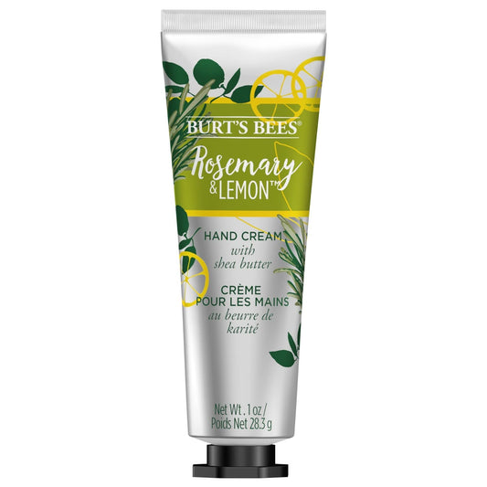 Burts Bees rosemary and lemon hand cream tube, showing moisturizing formula for soft hands