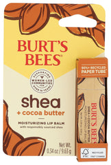 Burt's Bees Shea Cocoa Butter Lip Balm packaging close-up for portable lip care.