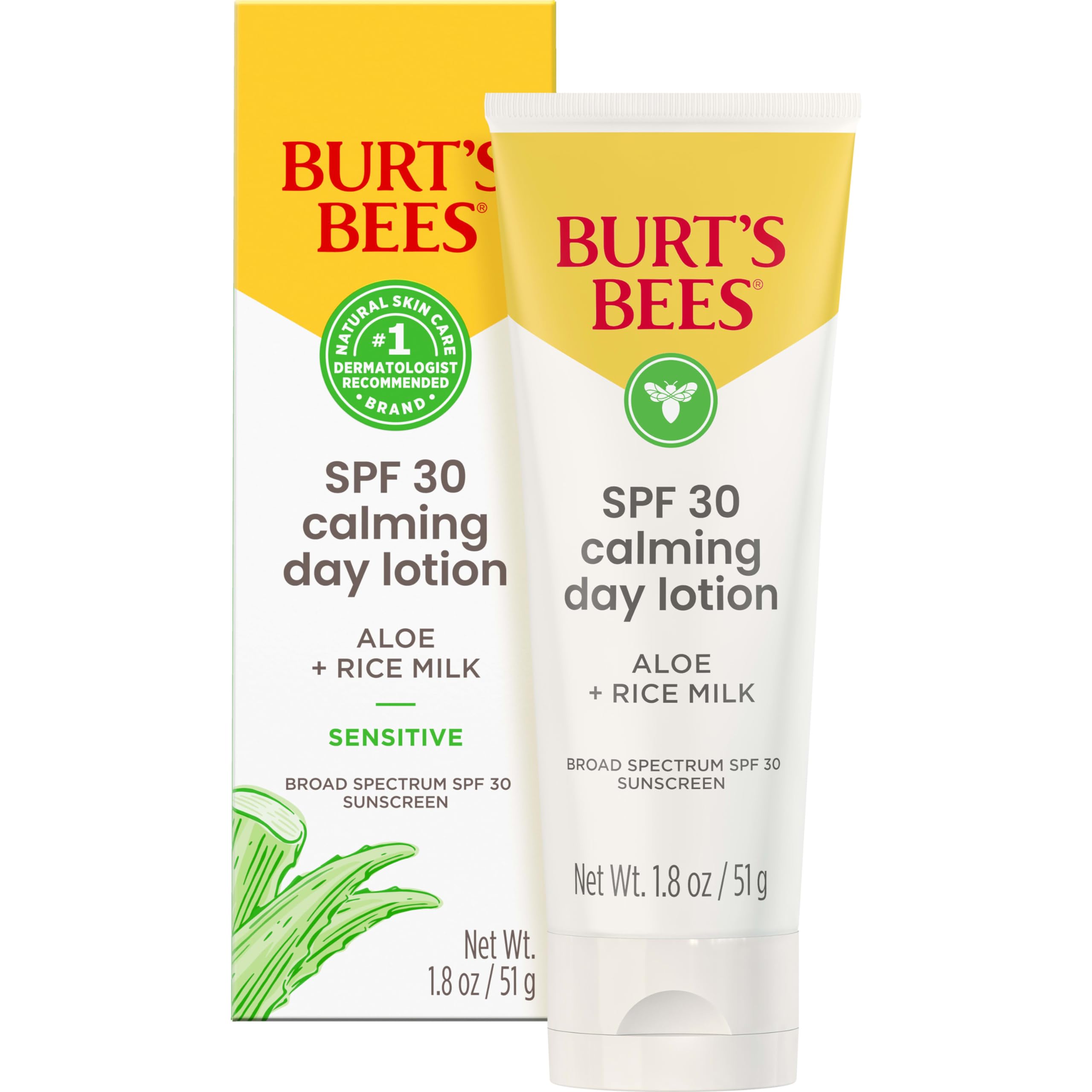 Burt's Bees SPF 30 Calming Day Lotion packaging image shows natural sunscreen