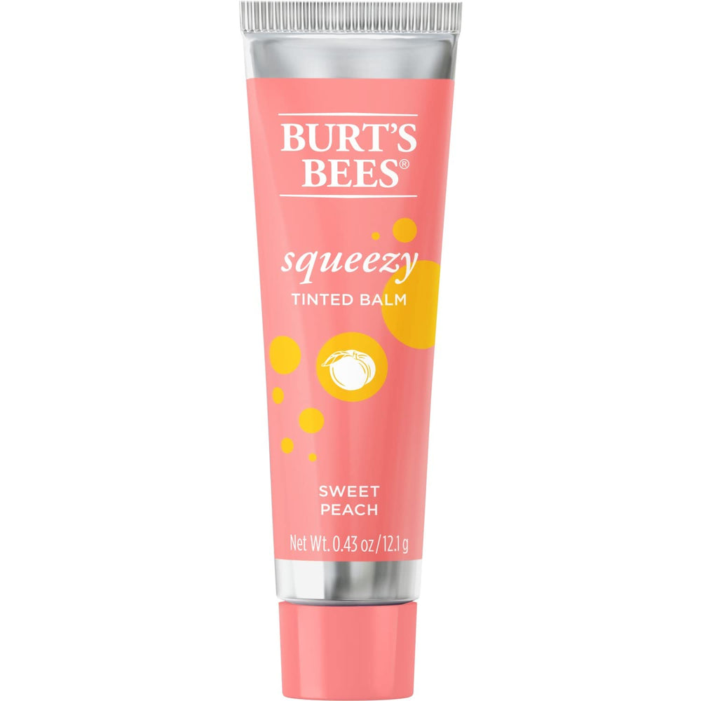 Burt's Bees Squeezy Sweet Peach lip balm tube with subtle color and shine