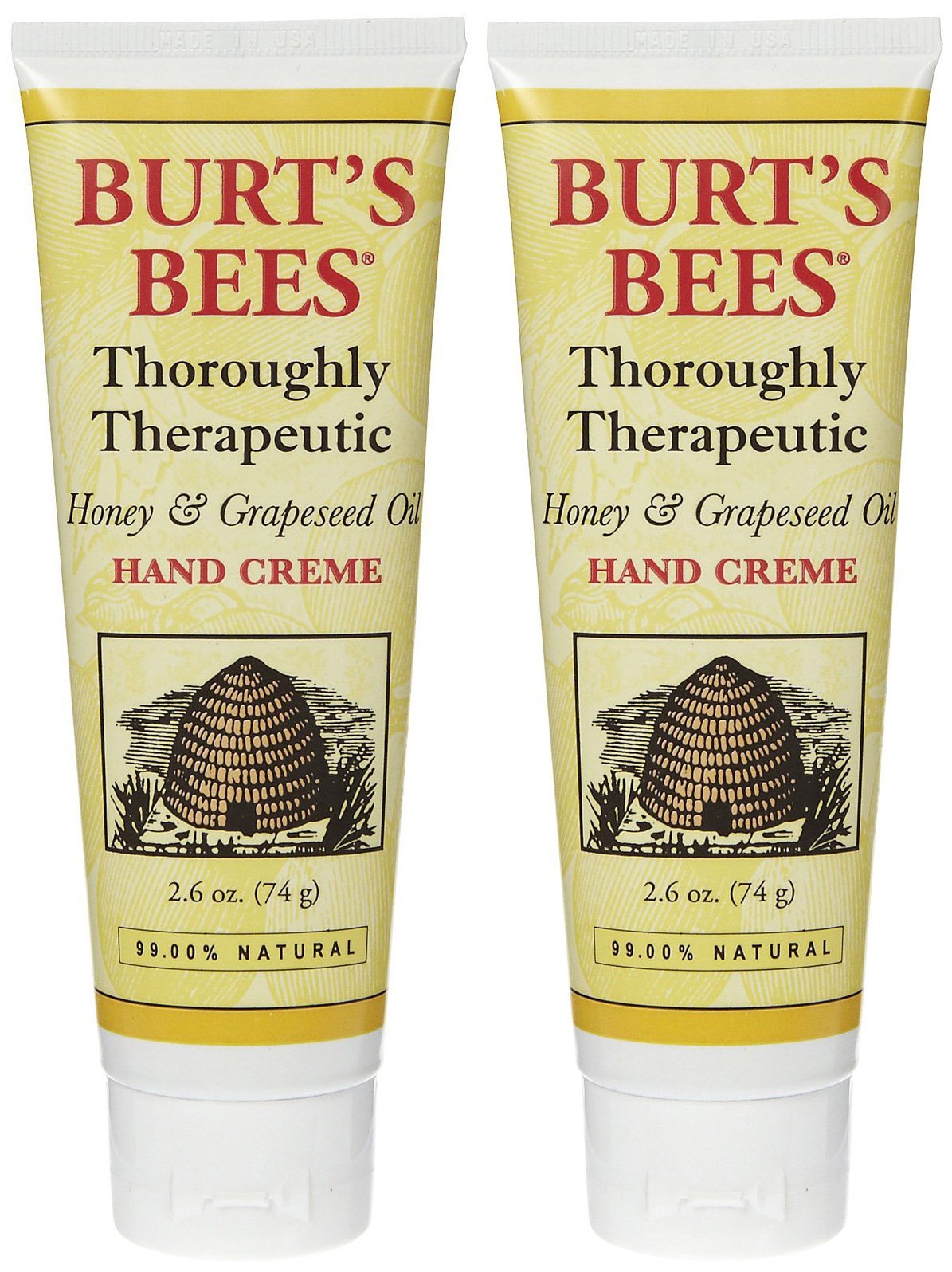 The Burt's Bees Thoroughly Therapeutic Hand Creme bottle showing the honey-grapeseed formula for daily moisture.